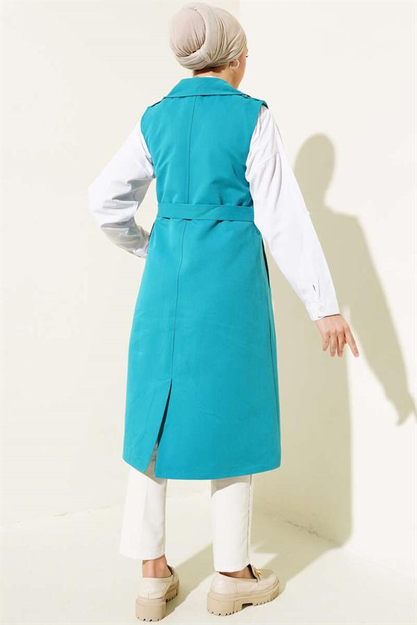 Belted Zero Sleeve Trench Coat Petrol Green