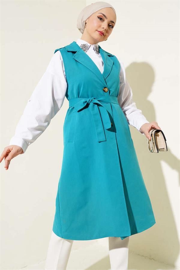 Belted Zero Sleeve Trench Coat Petrol Green