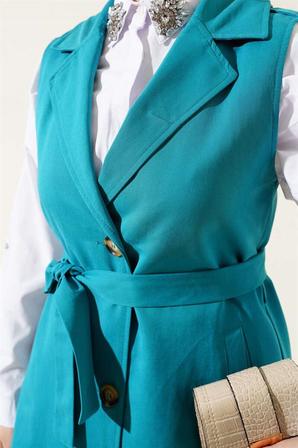 Belted Zero Sleeve Trench Coat Petrol Green