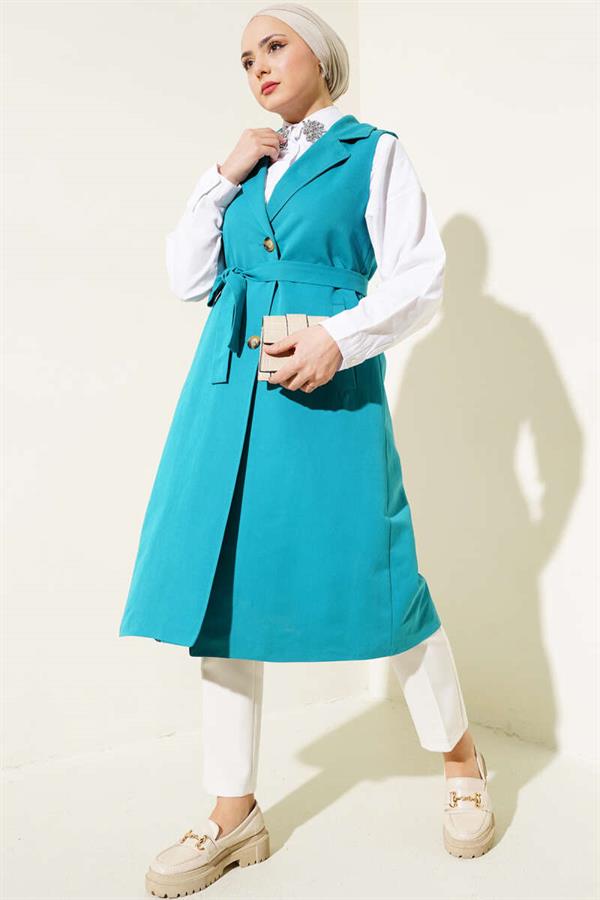 Belted Zero Sleeve Trench Coat Petrol Green