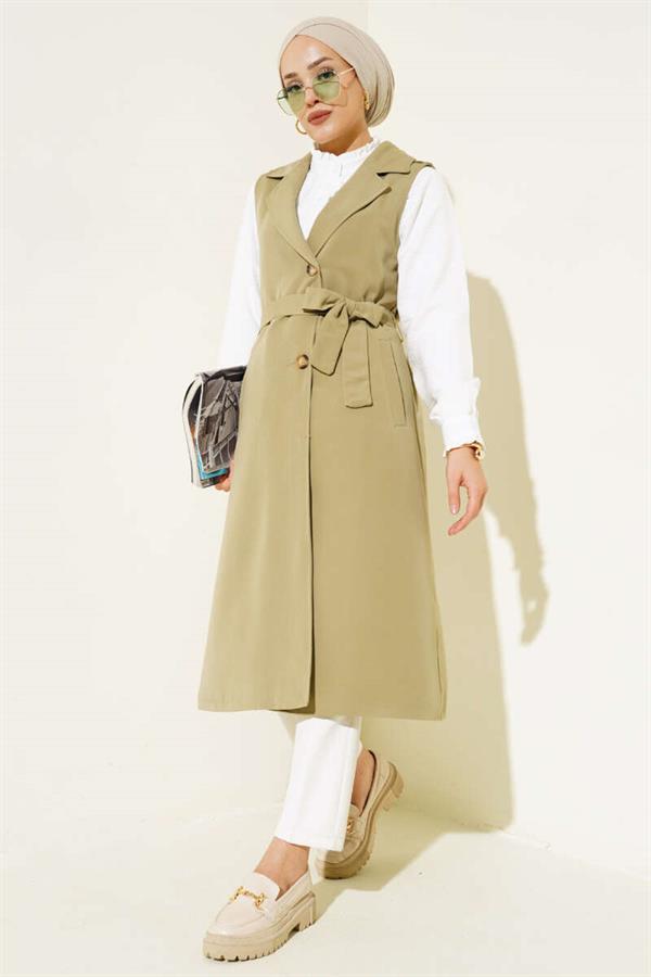 Belted Zero Sleeve Trench Coat Aqua Green