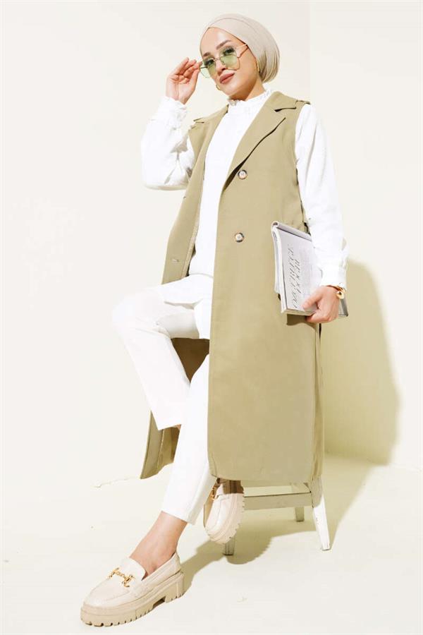 Belted Zero Sleeve Trench Coat Aqua Green