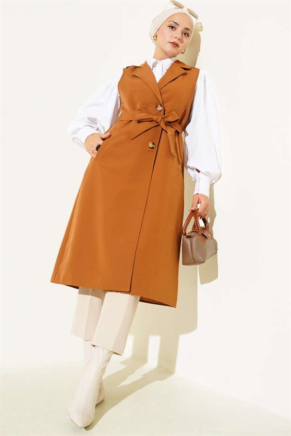 Belted Zero Sleeve Trench Coat Tan