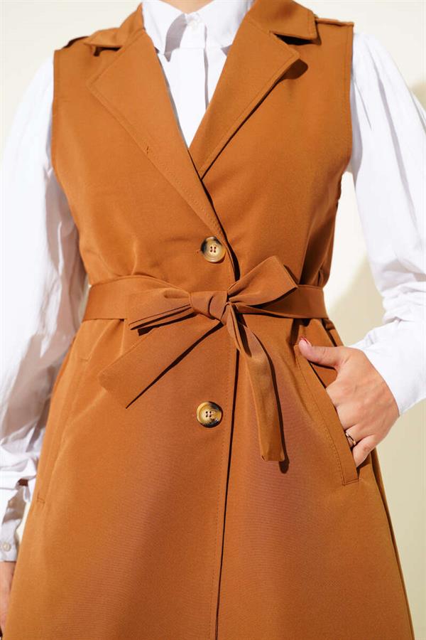 Belted Zero Sleeve Trench Coat Tan