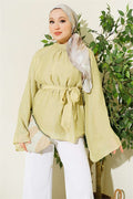 Belted Chiffon Batwing Sleeve Tunic in Light Green