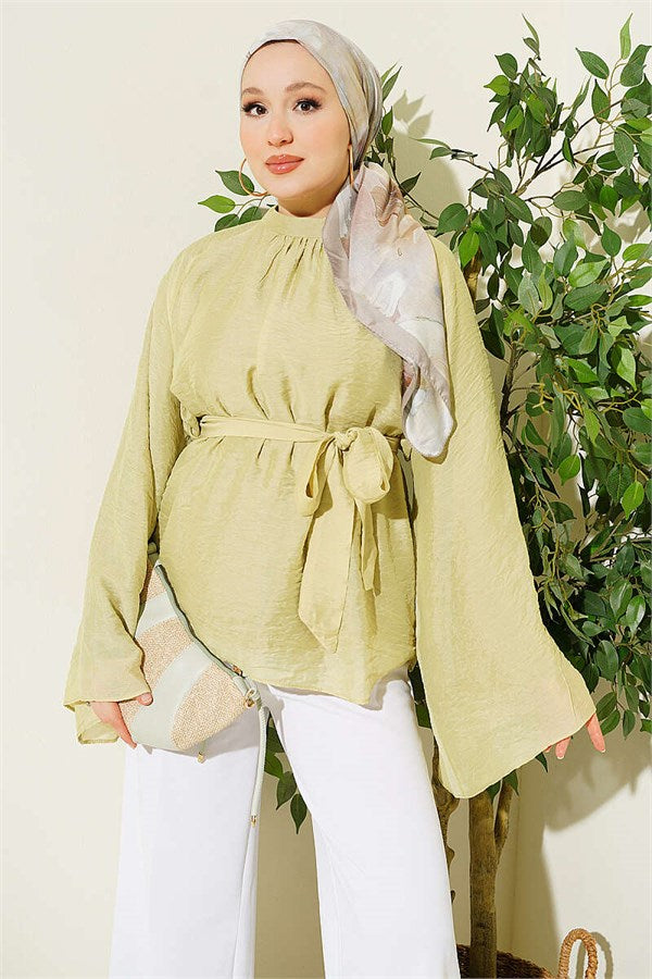 Belted Chiffon Batwing Sleeve Tunic in Light Green
