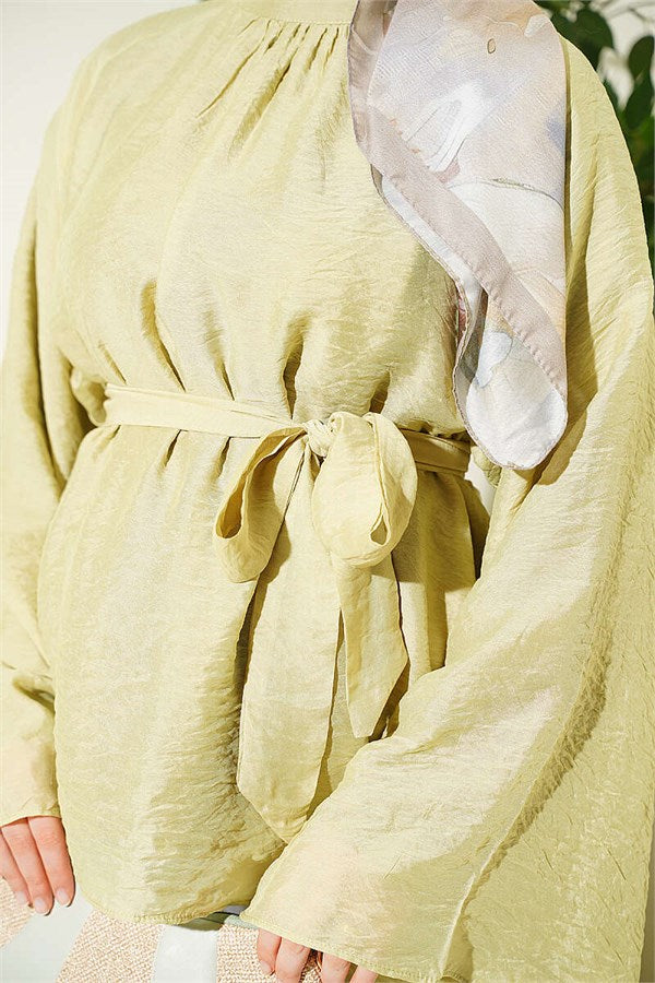 Belted Chiffon Batwing Sleeve Tunic in Light Green