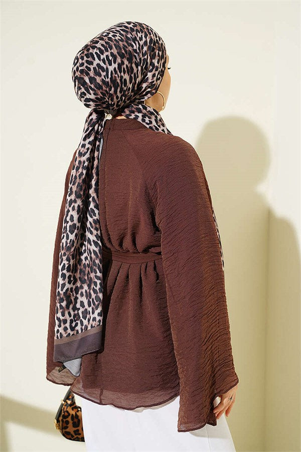 Belted Chiffon Batwing Sleeve Tunic, Brown