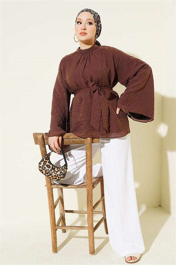 Belted Chiffon Batwing Sleeve Tunic, Brown