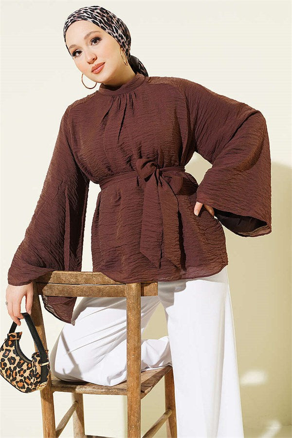 Belted Chiffon Batwing Sleeve Tunic, Brown