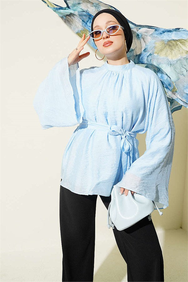 Belted Chiffon Batwing Sleeve Tunic Blue