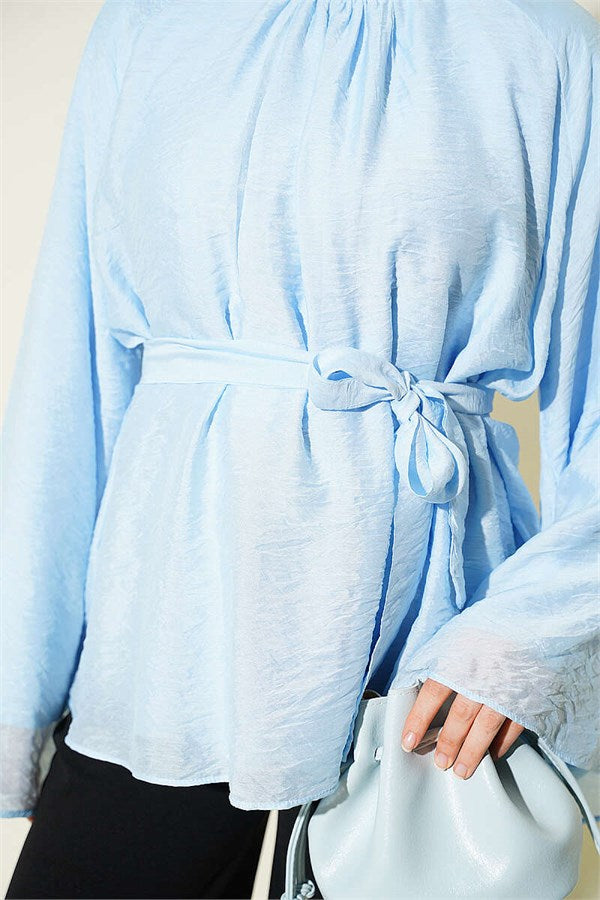 Belted Chiffon Batwing Sleeve Tunic Blue