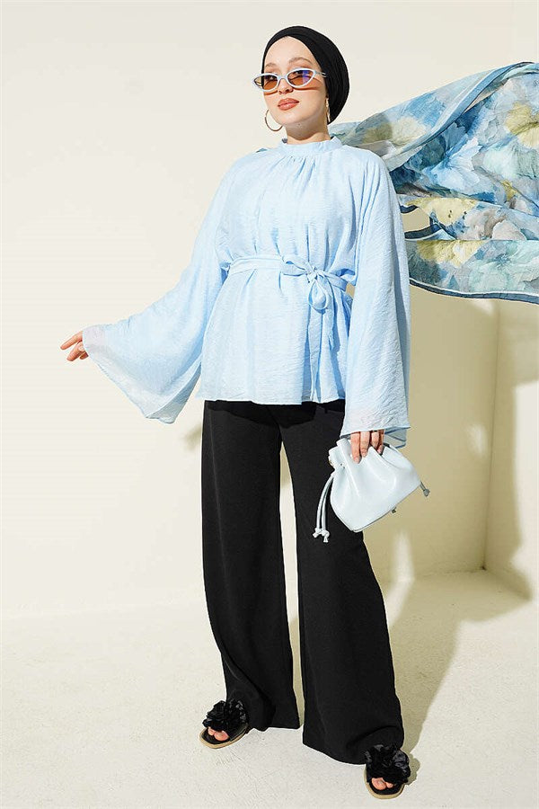 Belted Chiffon Batwing Sleeve Tunic Blue