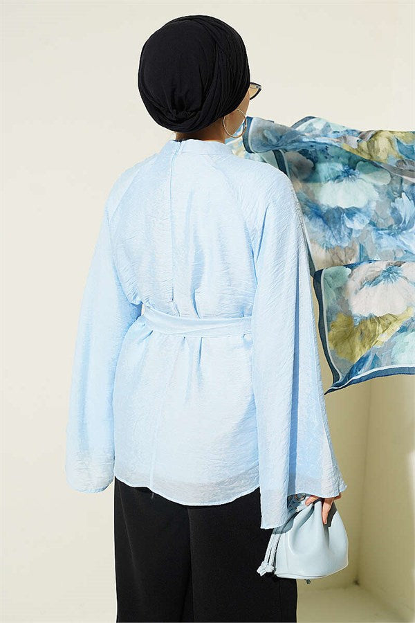 Belted Chiffon Batwing Sleeve Tunic Blue
