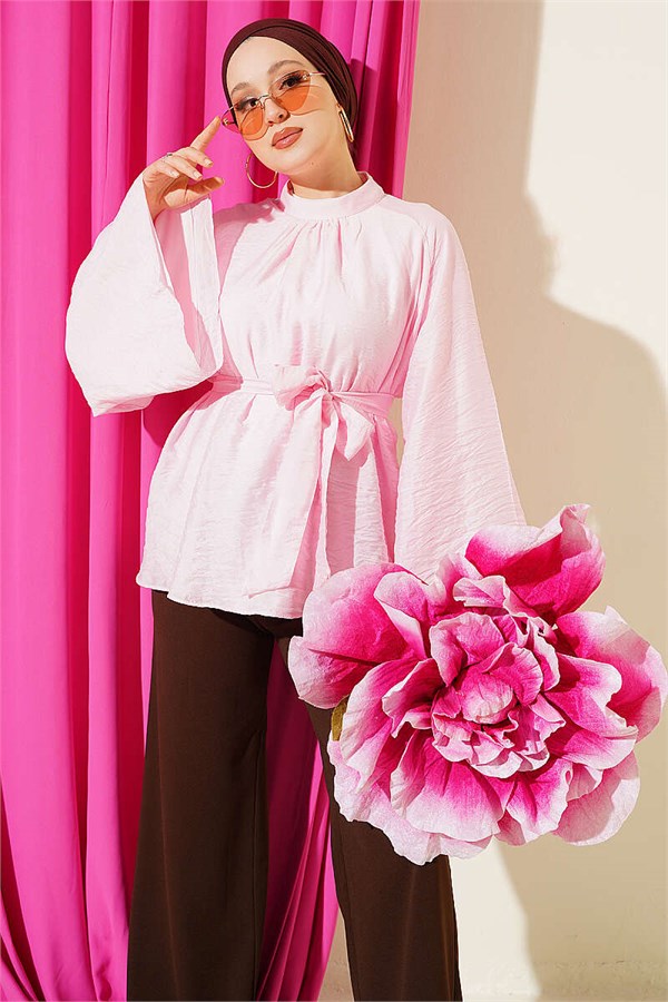 Belted Chiffon Batwing Sleeve Tunic Pink