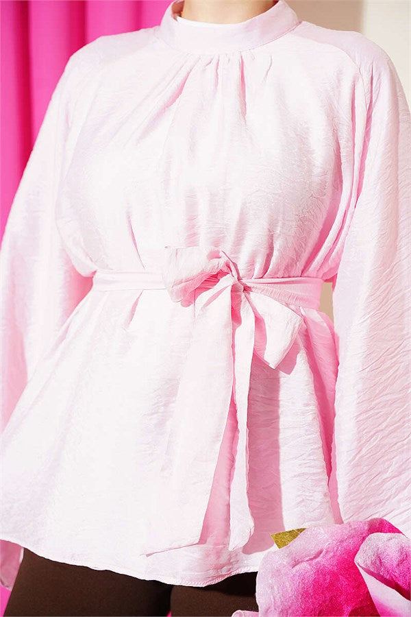 Belted Chiffon Batwing Sleeve Tunic Pink