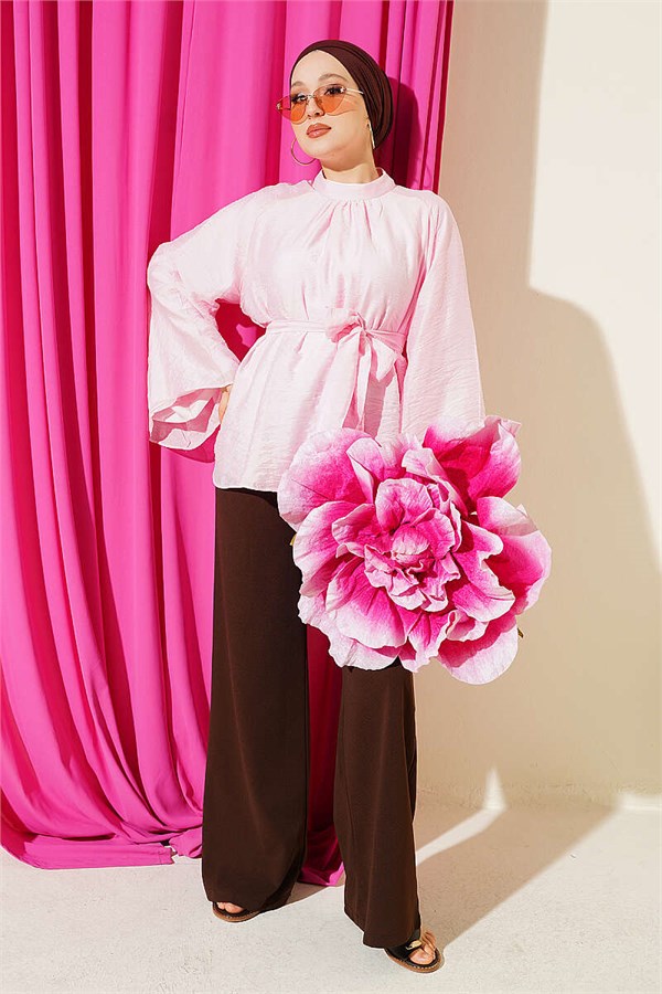 Belted Chiffon Batwing Sleeve Tunic Pink