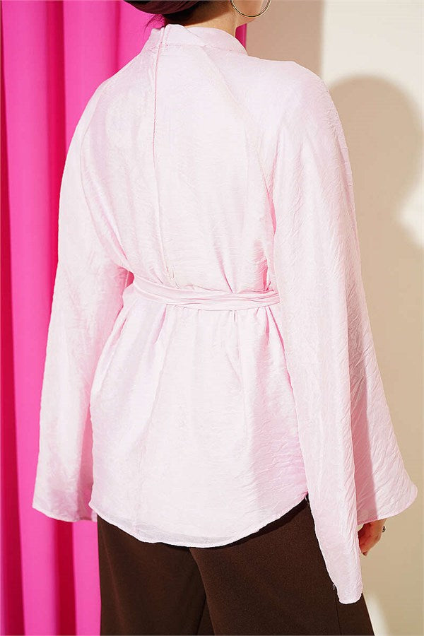 Belted Chiffon Batwing Sleeve Tunic Pink