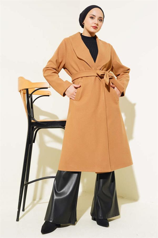 Belted Long Basic Cashmere Coat Camel