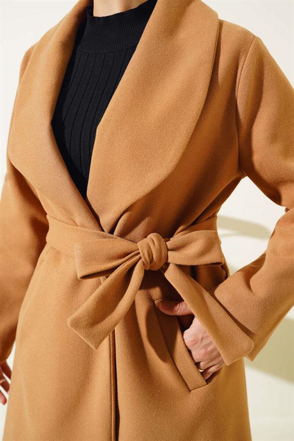 Belted Long Basic Cashmere Coat Camel