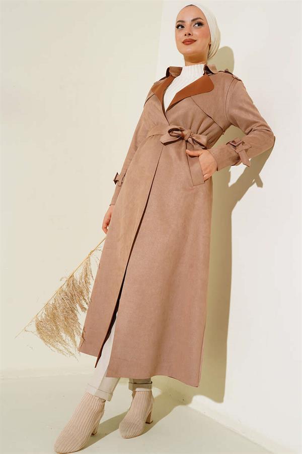 Belted Long Suede Trench Coat Camel