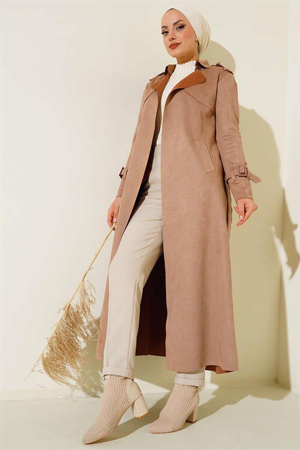 Belted Long Suede Trench Coat Camel