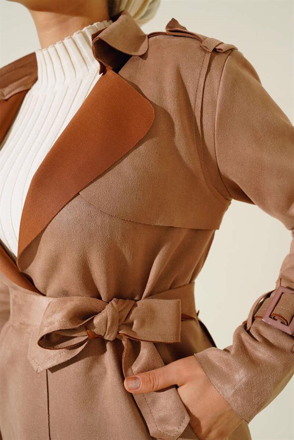 Belted Long Suede Trench Coat Camel