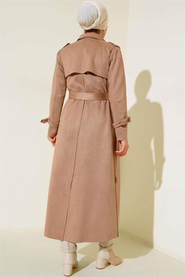 Belted Long Suede Trench Coat Camel