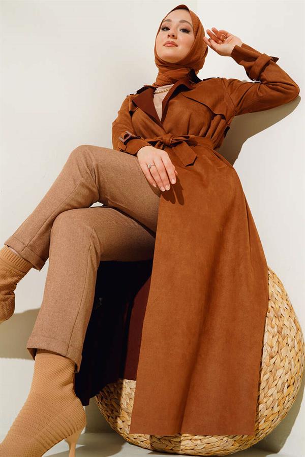 Belted Long Suede Trench Coat Tan