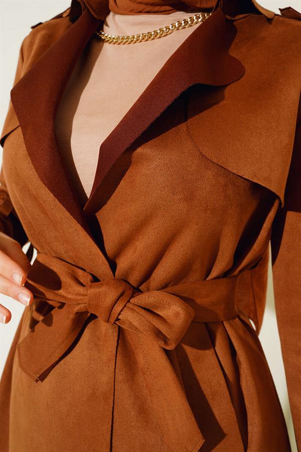 Belted Long Suede Trench Coat Tan