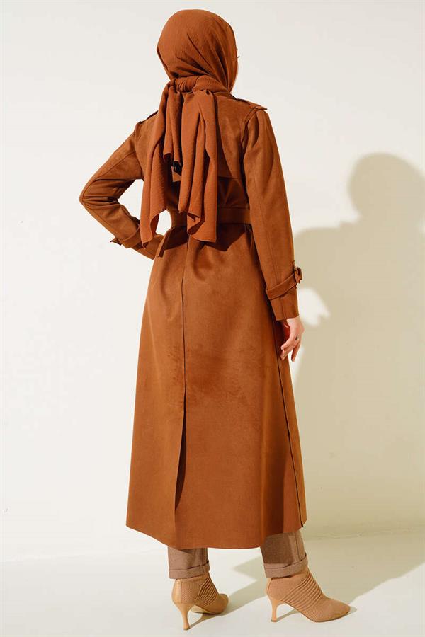 Belted Long Suede Trench Coat Tan