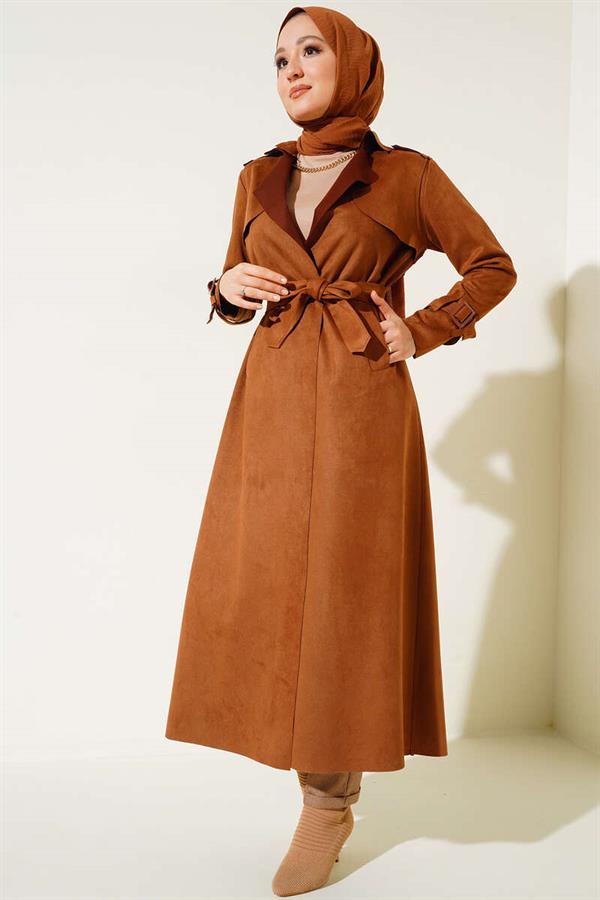 Belted Long Suede Trench Coat Tan