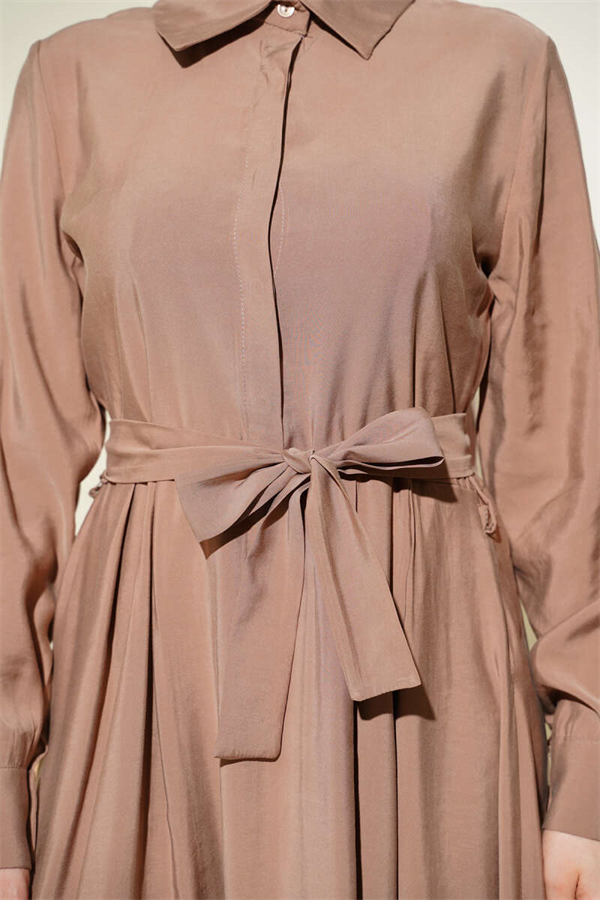 Belted Half-Neck Buttoned Tencel Dress Latte