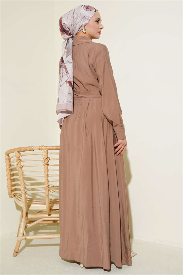 Belted Half-Neck Buttoned Tencel Dress Latte
