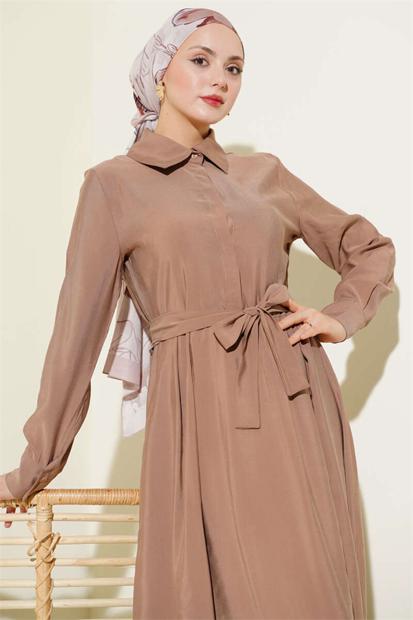 Belted Half-Neck Buttoned Tencel Dress Latte