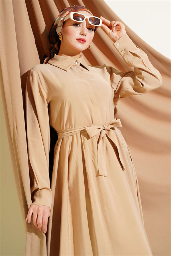 Belted Half-Neck Buttoned Tencel Dress Beige
