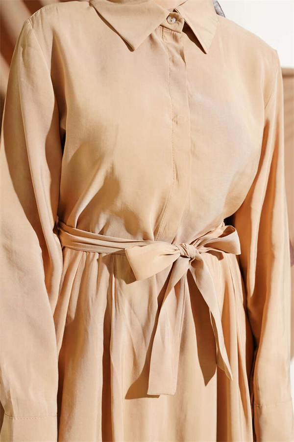 Belted Half-Neck Buttoned Tencel Dress Beige