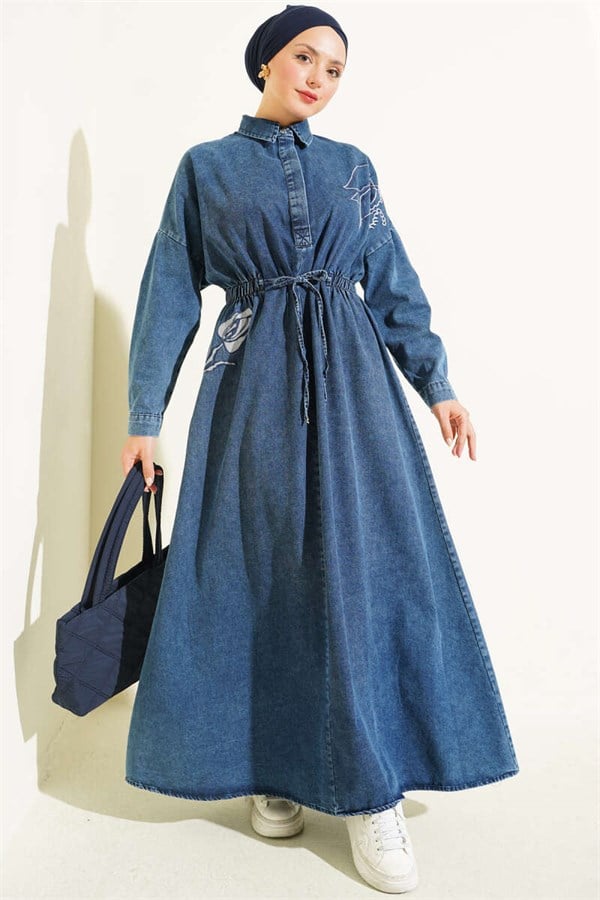 Tulip Embroidered Elastic Waist Dress Denim Blue