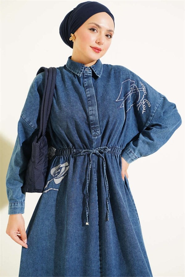 Tulip Embroidered Elastic Waist Dress Denim Blue