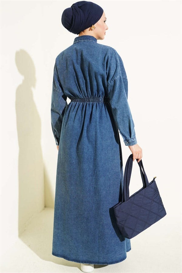 Tulip Embroidered Elastic Waist Dress Denim Blue