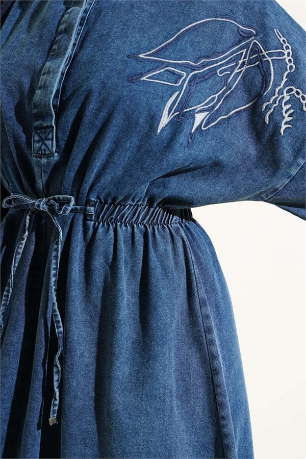 Tulip Embroidered Elastic Waist Dress Denim Blue
