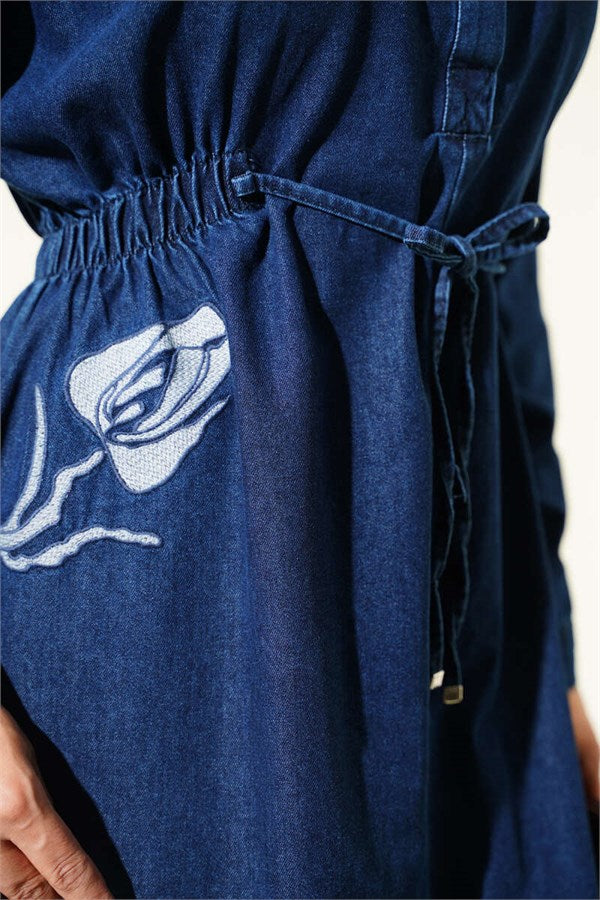 Dark Blue Dress with Tulip Embroidery and Elastic Waist