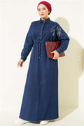 Dark Blue Dress with Tulip Embroidery and Elastic Waist