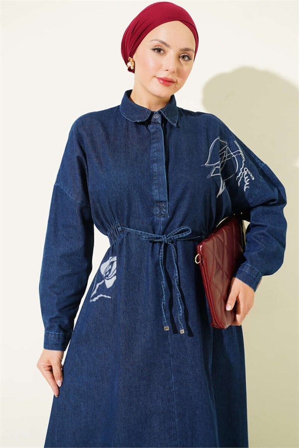 Dark Blue Dress with Tulip Embroidery and Elastic Waist