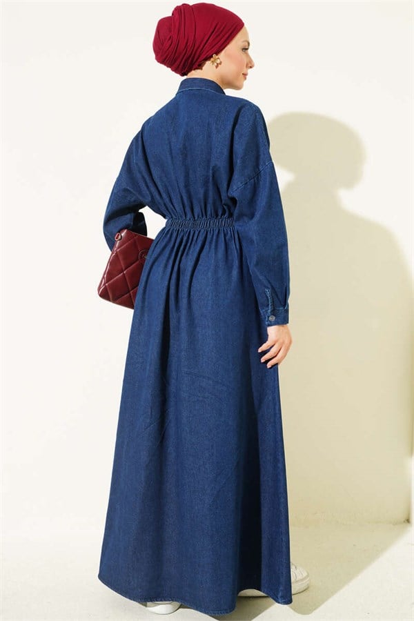 Dark Blue Dress with Tulip Embroidery and Elastic Waist