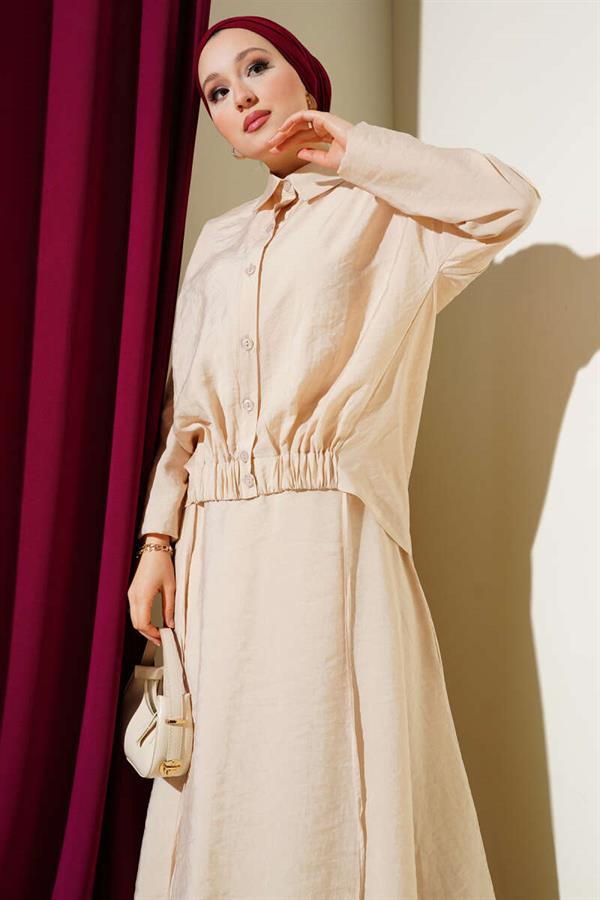 Elastic Detailed Skirted 2 Piece Set Beige