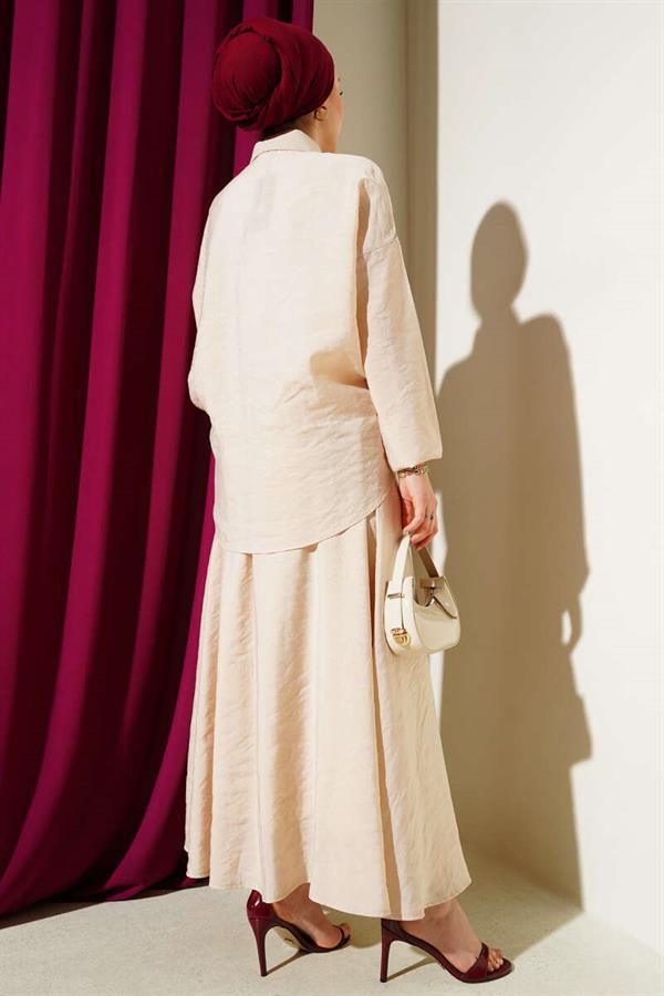 Elastic Detailed Skirted 2 Piece Set Beige