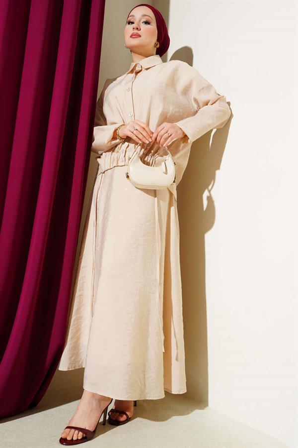 Elastic Detailed Skirted 2 Piece Set Beige