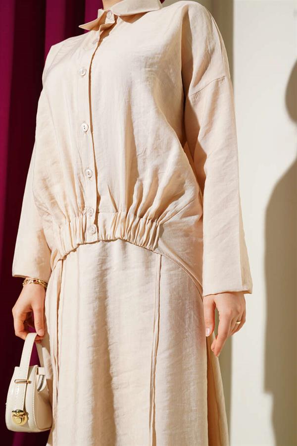 Elastic Detailed Skirted 2 Piece Set Beige
