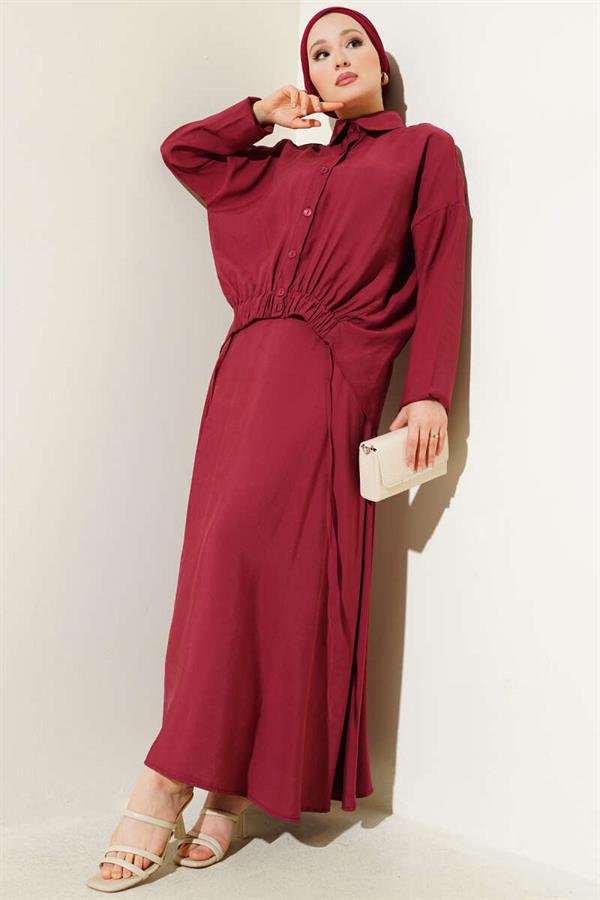 Two-Piece Burgundy Suit with Elastic Detailed Skirt